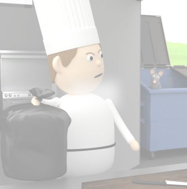 Man holding a bag of waste by an outdoor container