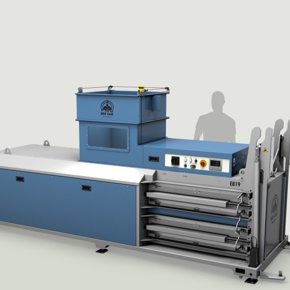 Grande presse à balles horizontale bleue et grise Mil-tek