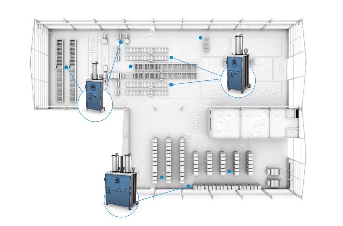 Carte animée d’une usine avec des presses à balles