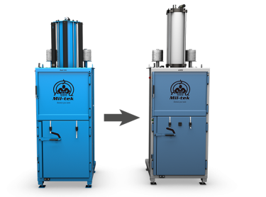 Deux presses à balles avec une flèche allant de l’ancien modèle vers le nouveau, illustrant la mise à niveau