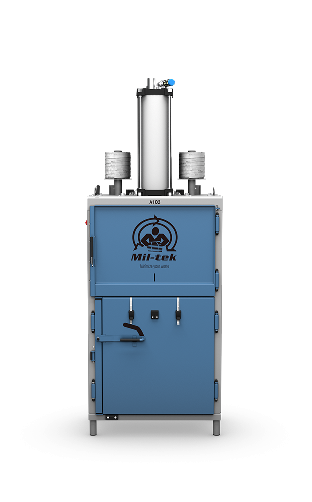 A102-2026 - Compacteur pneumatique de déchets sur fond transparent